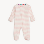 Magnetic Me Organic Cotton Footie – Pink Stripe design with breathable fabric and magnetic closures. Available at Be Charmed.