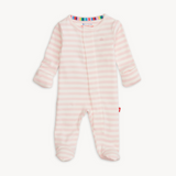Magnetic Me Organic Cotton Footie – Pink Stripe design with breathable fabric and magnetic closures. Available at Be Charmed.