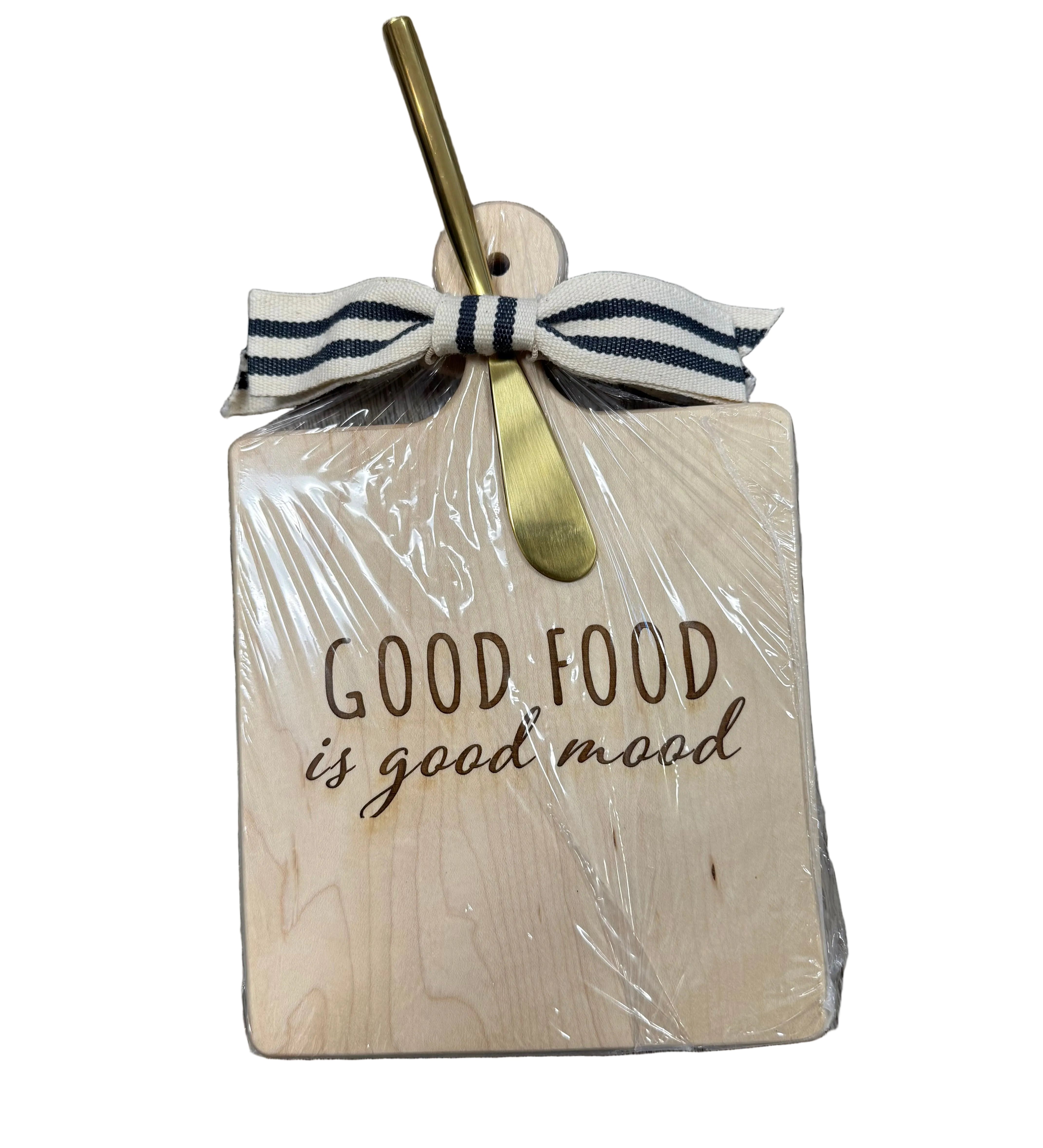 Wooden board with 'Good food is good mood' text, wrapped in cellophane with a ribbon and gold bow. Available at Be Charmed