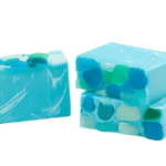 Three bars of blue and green soap with a swirled pattern on a white background> Available at Be Charmed
