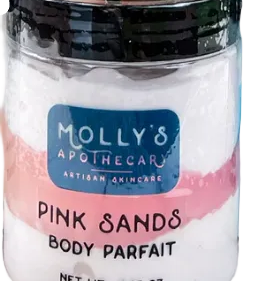 Jar of Molly's Apothecary Pink Sands Body Parfait on a white background. Available at Be Charmed