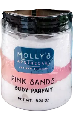 Jar of Molly's Apothecary Pink Sands Body Parfait on a white background. Available at Be Charmed