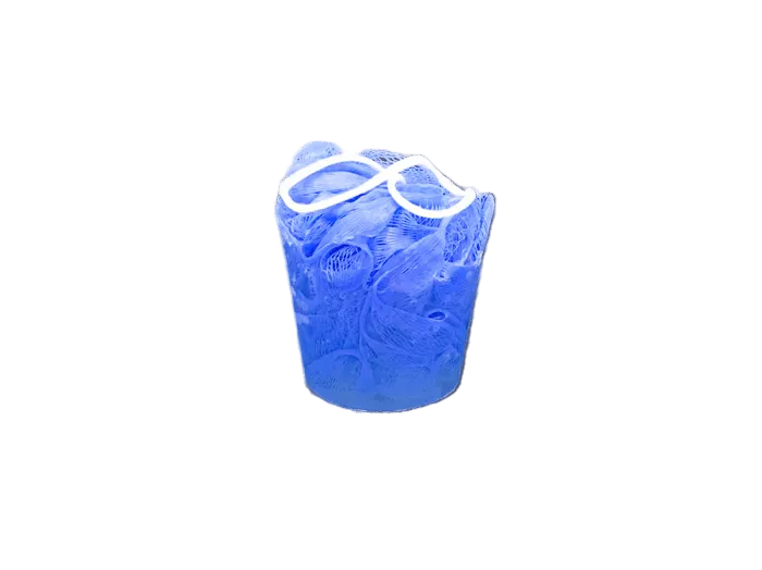 Blue soap poof on a white background. Available at Be Charmed