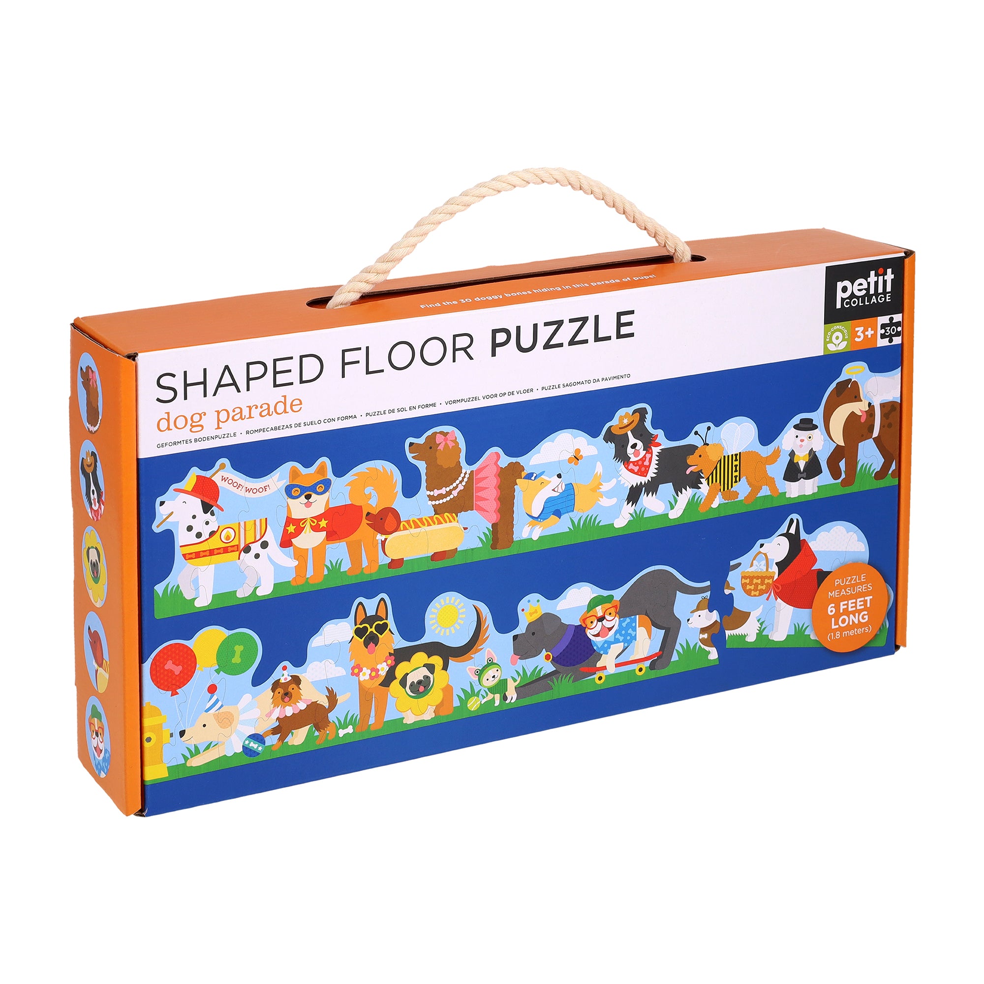 Mudpuppy Dog Parade shaped floor puzzle featuring an illustrated lineup of colorful dogs, available at Be Charmed