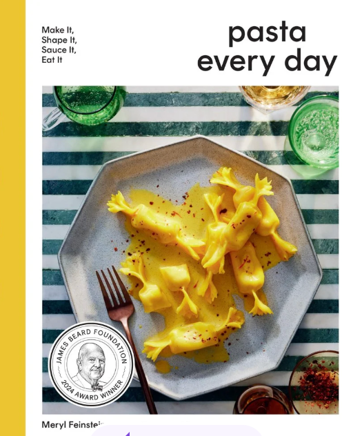 Book cover of 'Pasta Every Day' with a plate of pasta and a glass of green drink on a striped background. Available at Be Charmed