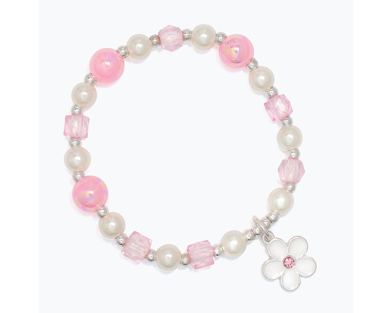 Bracelet with pink and white beads and a flower charm on a white background. Available at Be Charmed