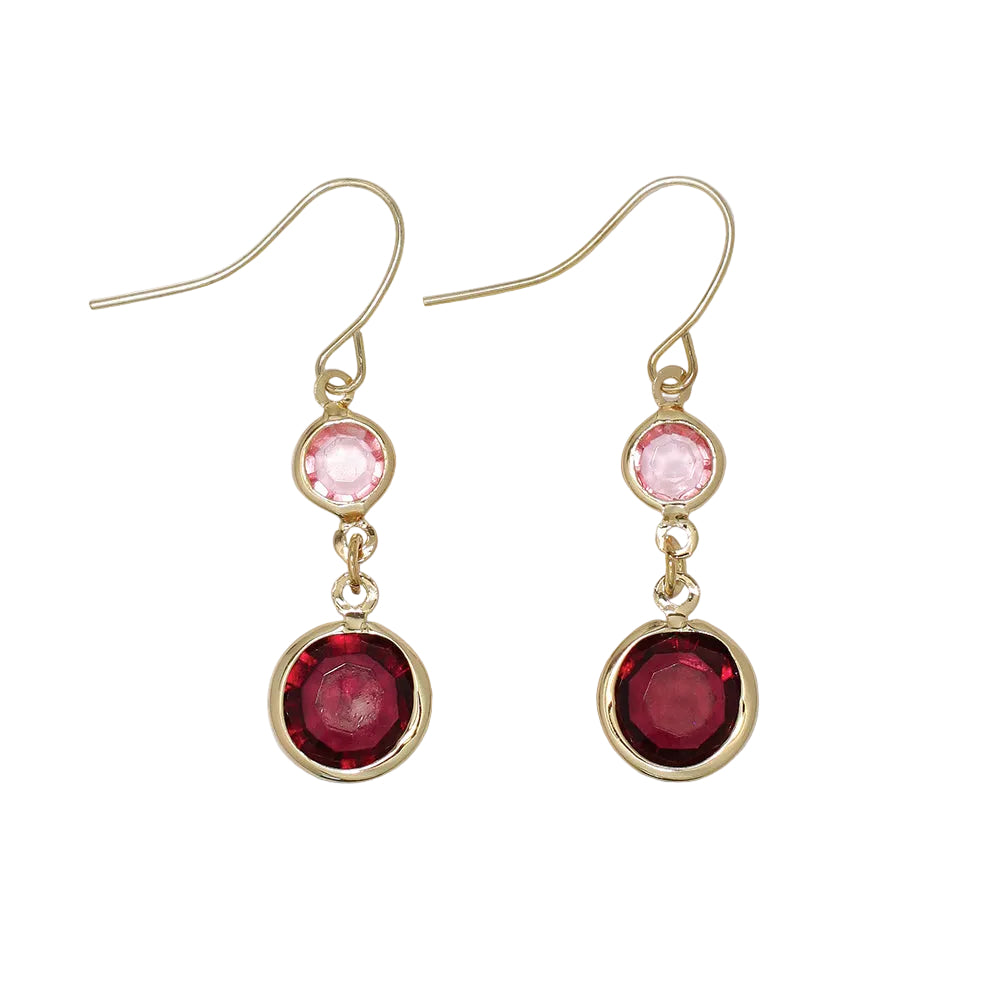 Periwinkle burgundy and pink crystal dangle earrings featuring vibrant faceted stones in a polished setting, available at Be Charmed