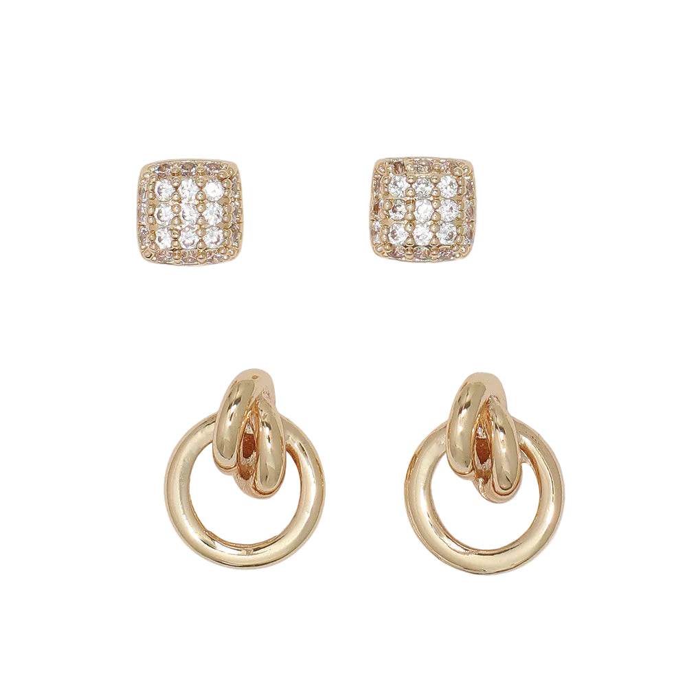 Periwinkle Duo w/CZ & Gold earrings featuring a sophisticated two-tone design with sparkling cubic zirconia and radiant gold, available at Be Charmed.