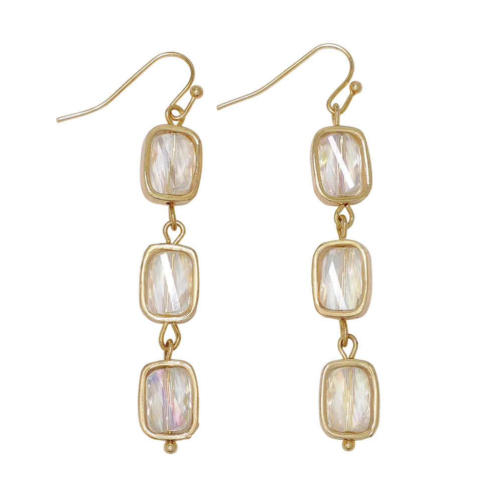 Periwinkle Gold 3 Tier Crystal Drop Earrings featuring three cascading tiers of sparkling faceted crystals in a polished gold setting, available at Be Charmed