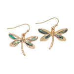 Periwinkle Gold Dragonfly w/Abalone earrings featuring a polished gold dragonfly design inlaid with iridescent abalone, available at Be Charmed.