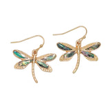 Periwinkle Gold Dragonfly w/Abalone earrings featuring a polished gold dragonfly design inlaid with iridescent abalone, available at Be Charmed.