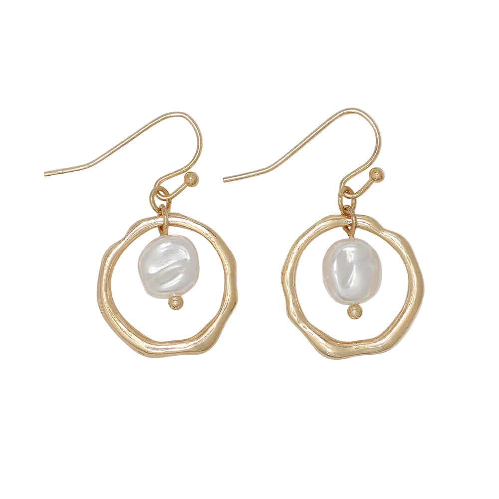 Periwinkle Hammered Gold w/Pearl Drop Earrings featuring a textured gold hoop and a lustrous white pearl accent, available at Be Charmed.