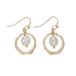 Periwinkle Hammered Gold w/Pearl Drop Earrings featuring a textured gold hoop and a lustrous white pearl accent, available at Be Charmed.