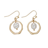 Periwinkle Hammered Gold w/Pearl Drop Earrings featuring a textured gold hoop and a lustrous white pearl accent, available at Be Charmed.