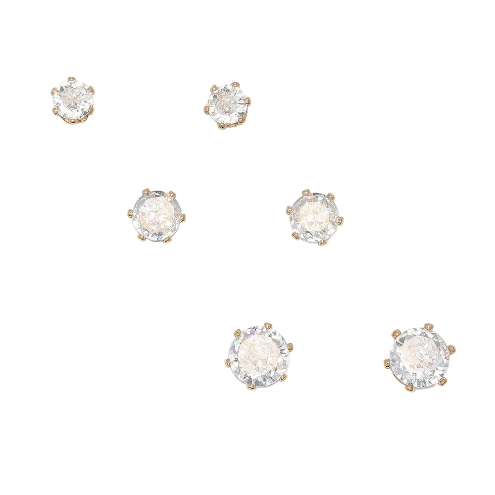 Periwinkle Trio of CZ Set in Gold earrings featuring three cascading cubic zirconia stones in a polished gold setting, available at Be Charmed