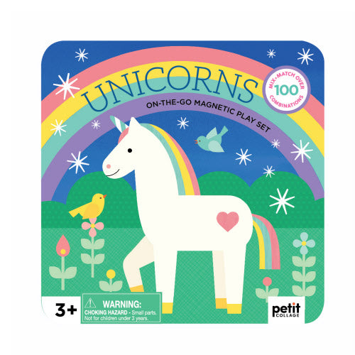 Unicorns on-the-go magnetic play set packaging with a unicorn, rainbow, and nature elements. Available at Be Charmed