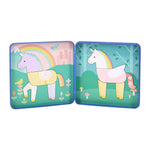 Colorful tin with unicorn design on a white background.
