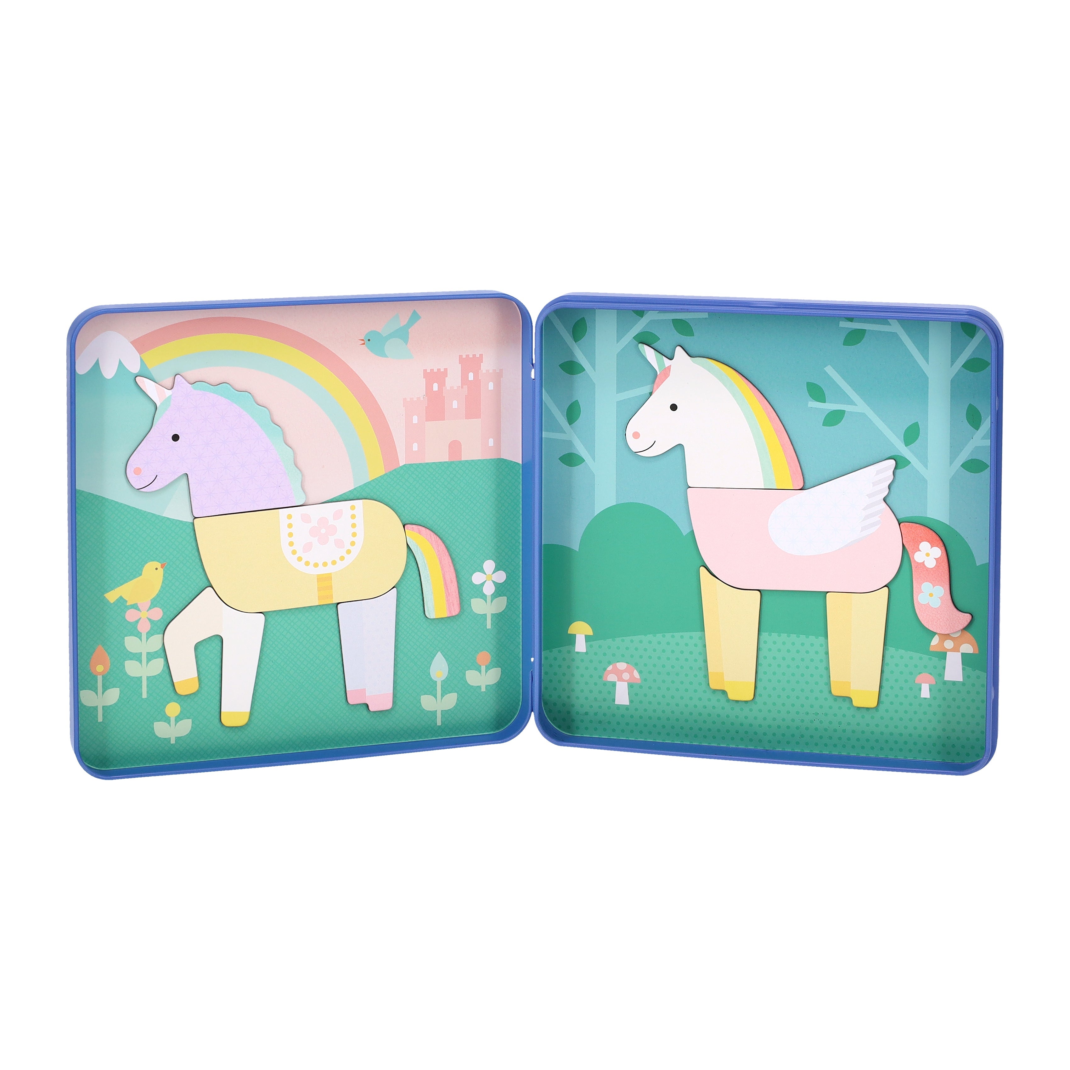 Colorful tin with unicorn design on a white background.