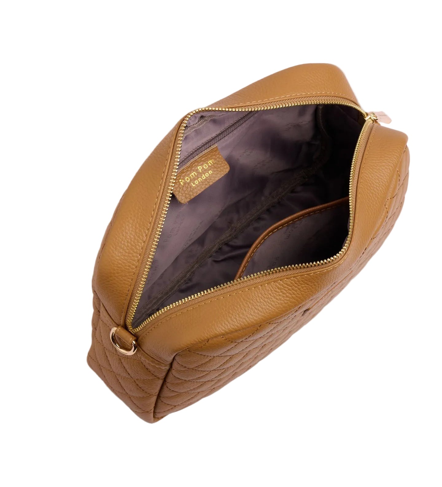 Maple Pom Pom London Quilted City leather crossbody bag in a quilted finish with gold hardware available at Be Charmed.