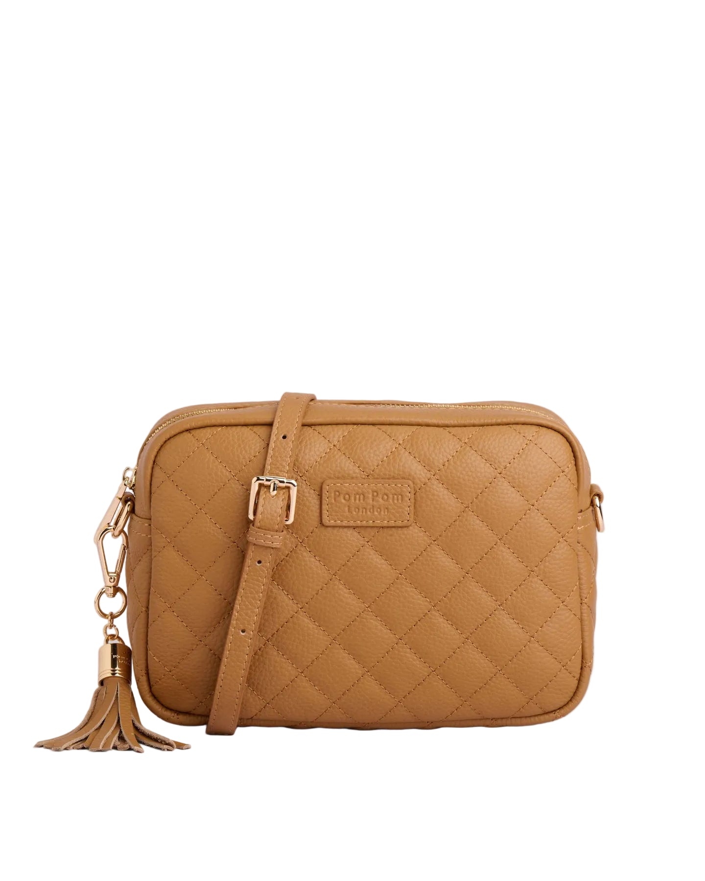 Pom Pom London Quilted City leather crossbody bag in a quilted finish with gold hardware available at Be Charmed.