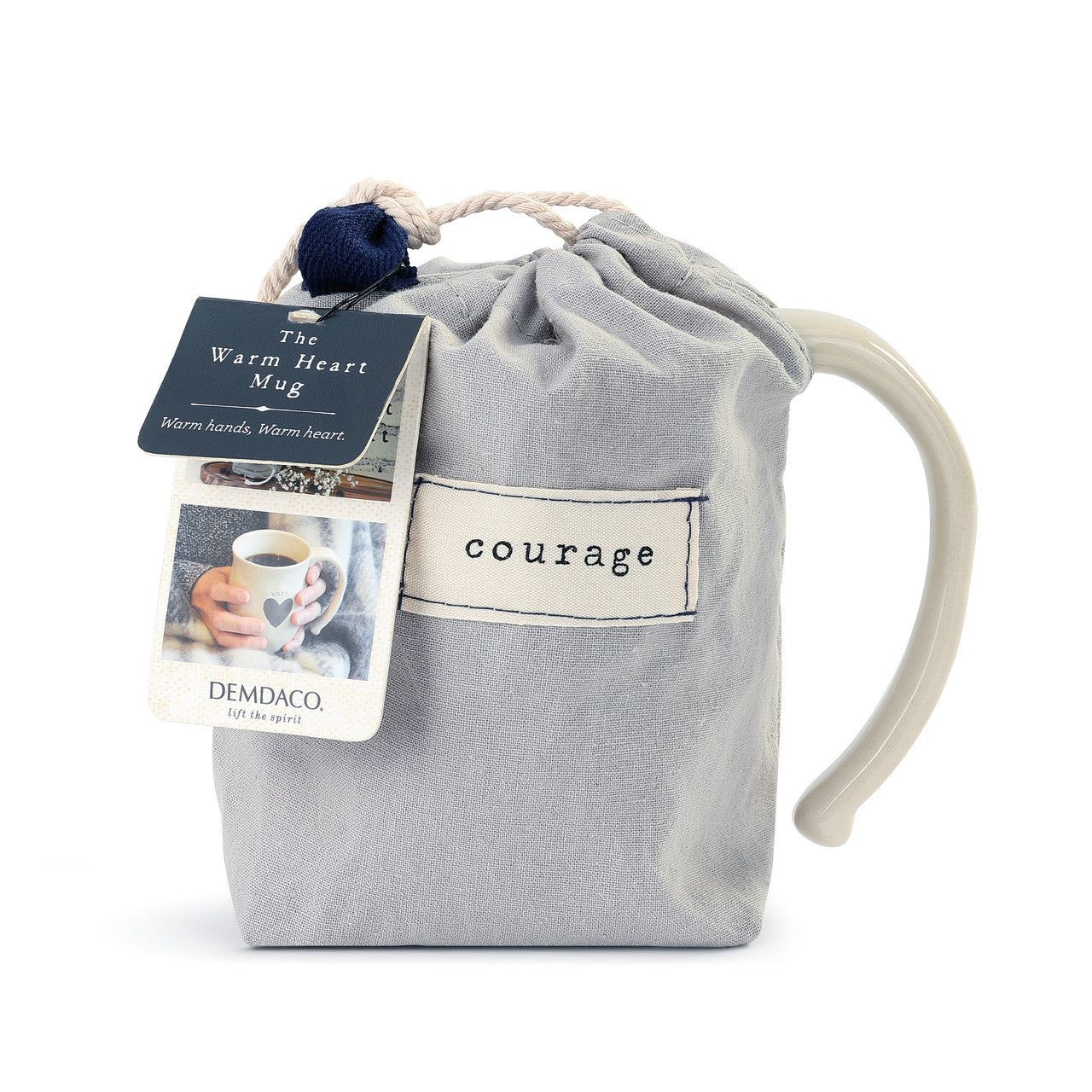 Demdaco Brave Heart Mug in cream stoneware with a heart design in fabric pouch, available at Be Charmed.