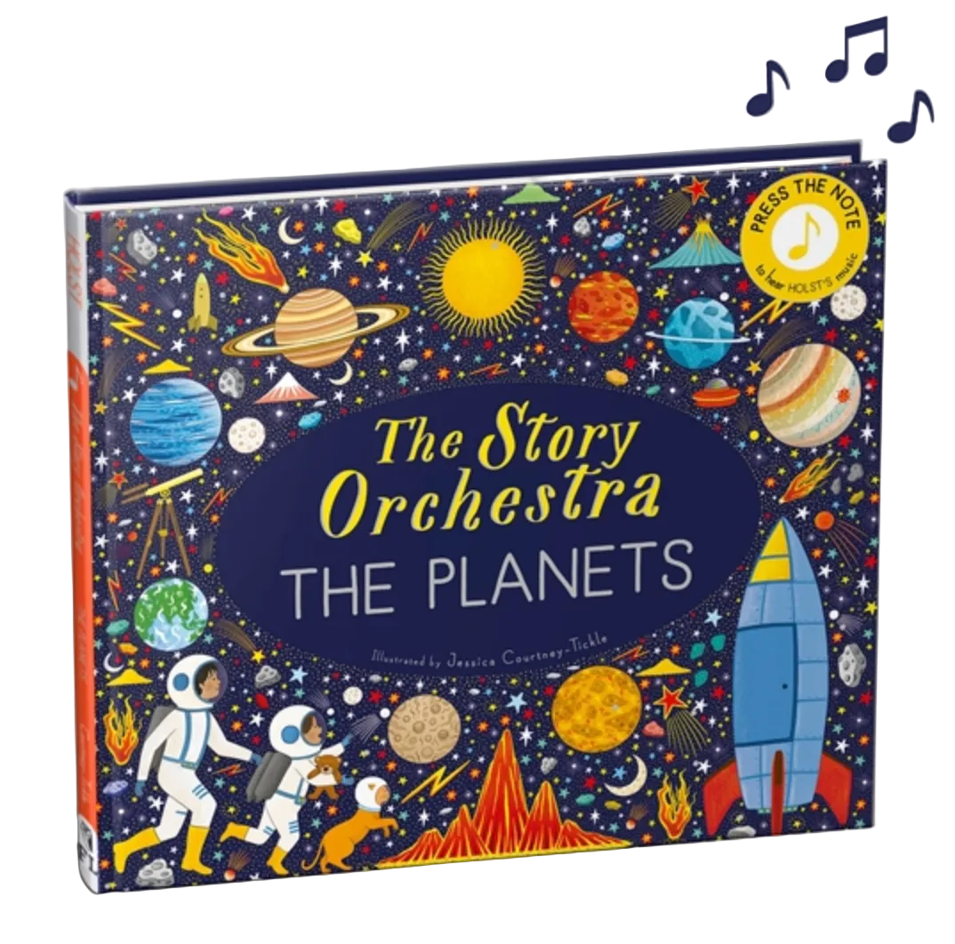Children's book titled "The Story Orchestra: The Planets" shown at an angle on a white background, with colorful space-themed illustrations including planets, astronauts, a rocket, stars, and a yellow "Press the Note" badge. Music note icons appear above the book. Available at Be Charmed