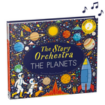 Children's book titled "The Story Orchestra: The Planets" shown at an angle on a white background, with colorful space-themed illustrations including planets, astronauts, a rocket, stars, and a yellow "Press the Note" badge. Music note icons appear above the book. Available at Be Charmed