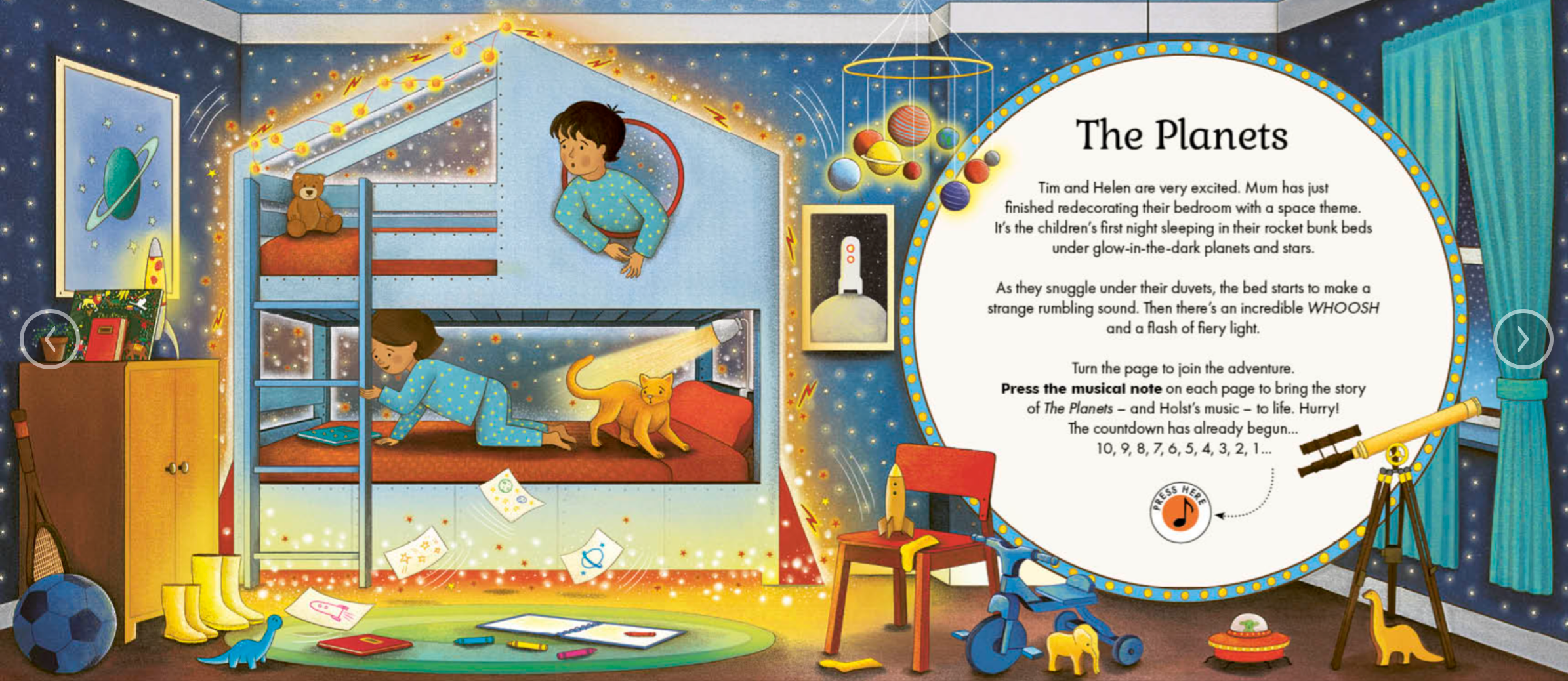 A children's activity book or booklet cover featuring a colorful illustrated bedroom scene with planets, a telescope, toys, and a large white oval containing the title 'The Planets' and a short story. The design is bright and playful, with stars and space-themed decorations visible around the room. Available at Be Charmed