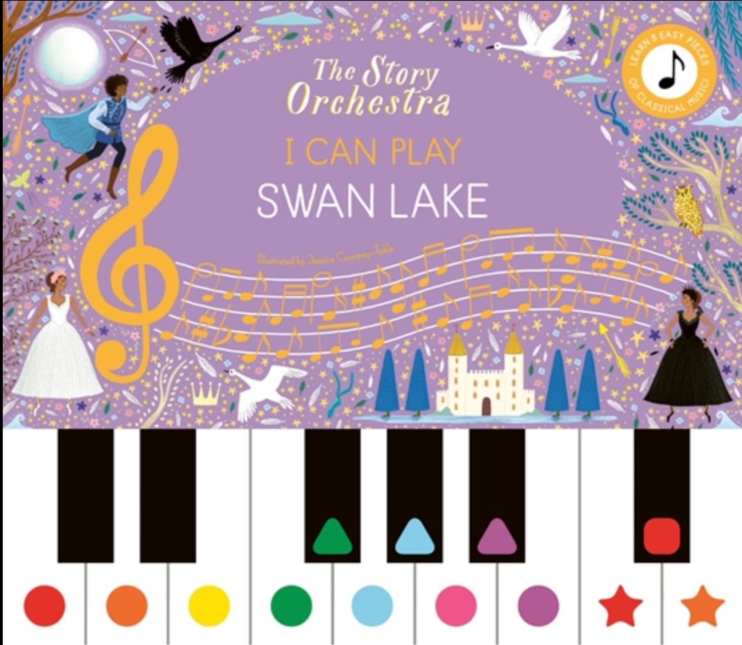Children's activity book cover titled 'The Story Orchestra I Can Play Swan Lake' featuring a purple central panel, illustrated swans, musical notes, a treble clef, piano keys, and colorful decorative elements. A circular badge says 'Easy to Read' with a music note icon. Available at Be Charmed