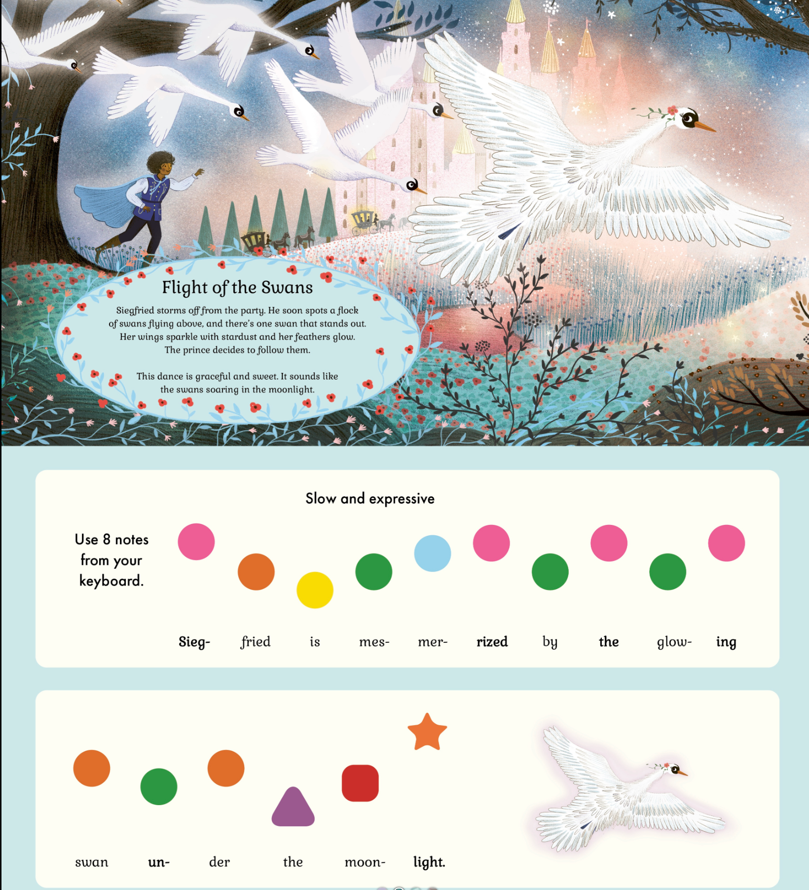 A children's book or educational print page titled 'Flight of the Swans' showing an illustrated scene of white swans flying past a castle, with text and keyboard-note exercises below. Available at Be Charmed