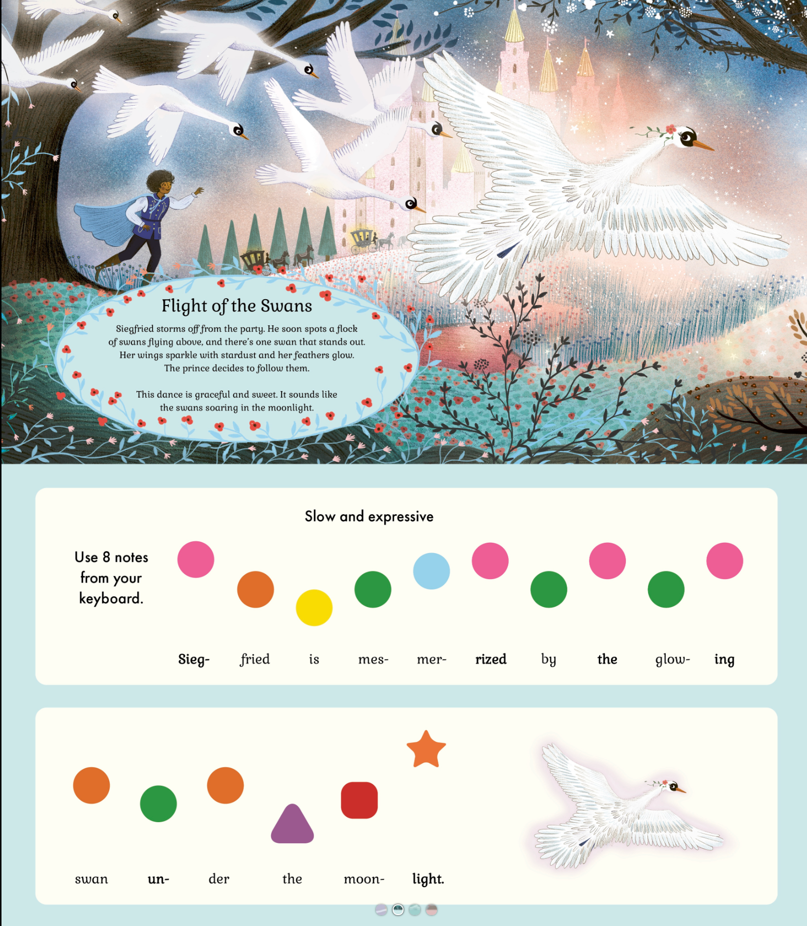 A children's book or educational print page titled 'Flight of the Swans' showing an illustrated scene of white swans flying past a castle, with text and keyboard-note exercises below. Available at Be Charmed