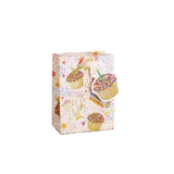 A small gift bag with a white background and a colorful pattern of cupcakes, hearts, and stars, shown on a clean white background. Available at Be Charmed