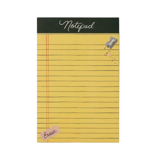 A yellow lined notepad with a dark green header band reading 'Notepad' and a small pink 'Eraser' tab, shown on a light gray background. Available at Be Charmed