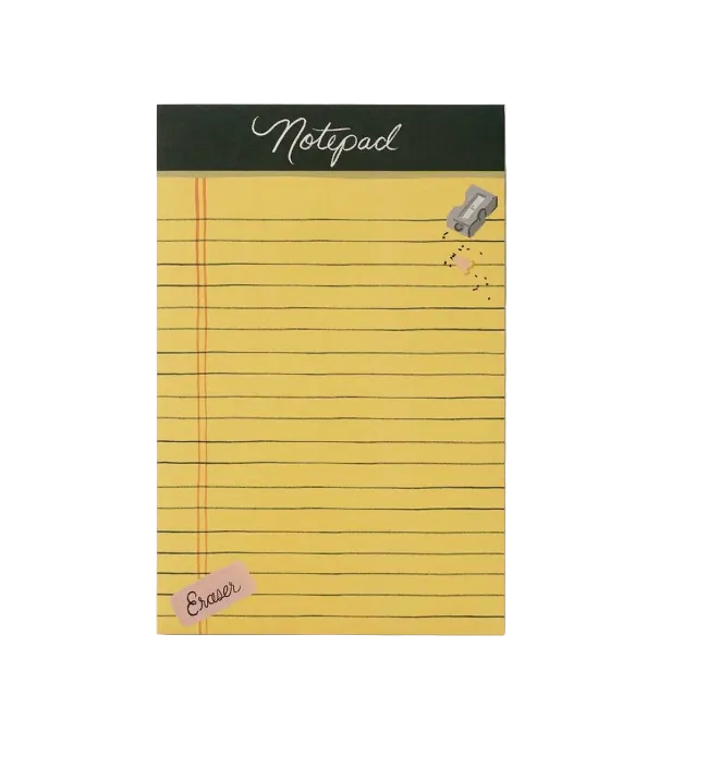 A yellow lined notepad with a dark green header band reading 'Notepad' and a small pink 'Eraser' tab, shown on a light gray background. Available at Be Charmed