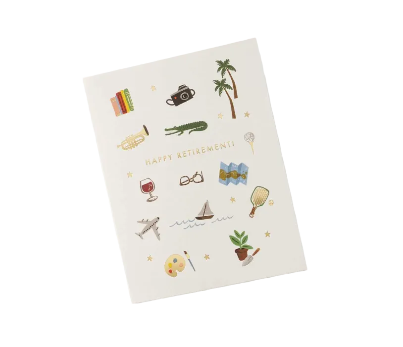 A cream-colored greeting card with a 'HAPPY RETIREMENT!' message surrounded by small, whimsical illustrations of travel and leisure items, shown on a clean white background. Available at Be Charmed