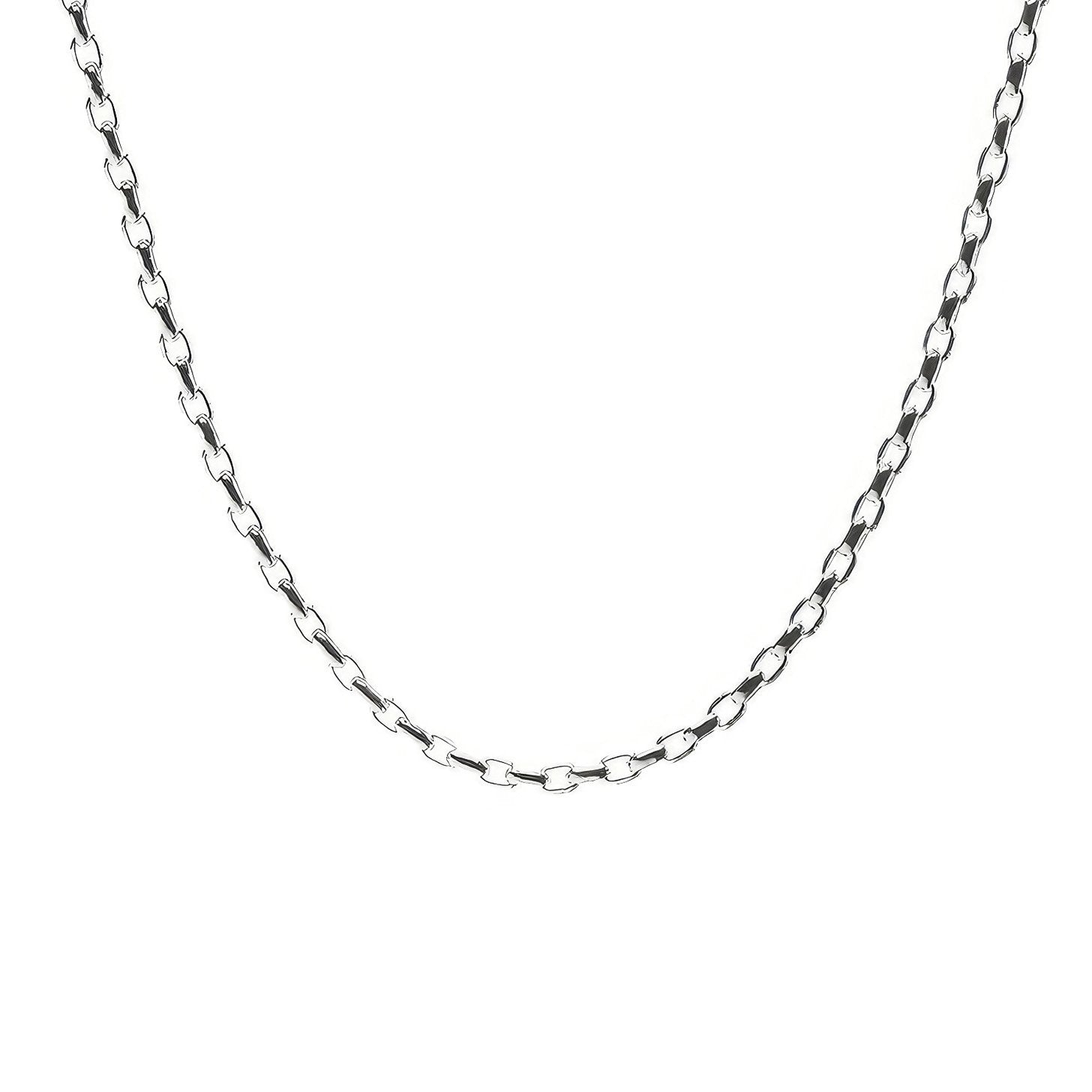 A silver 3mm rolo chain necklace with a clasp, displayed against a white background. Available at Be Charmed