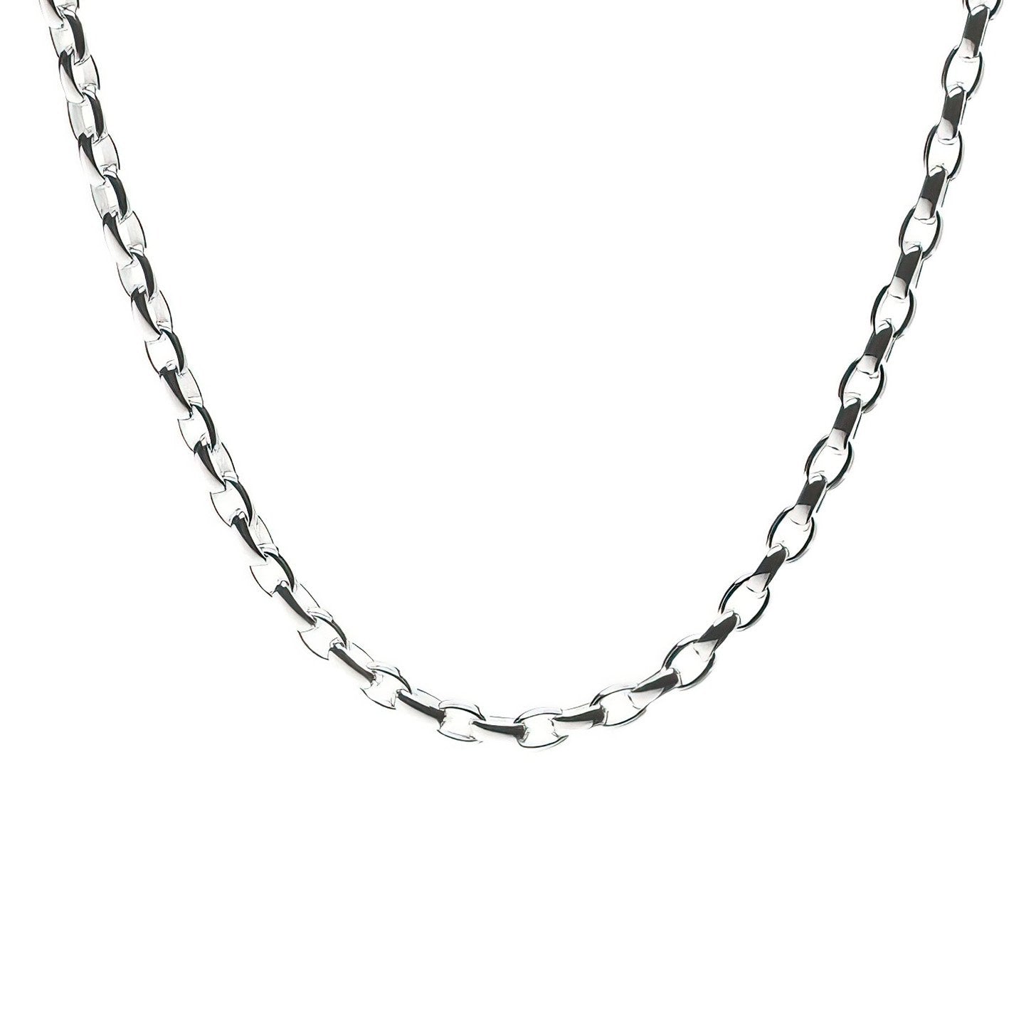 A silver 4mm rolo chain necklace with a clasp, displayed against a white background. Available at Be Charmed