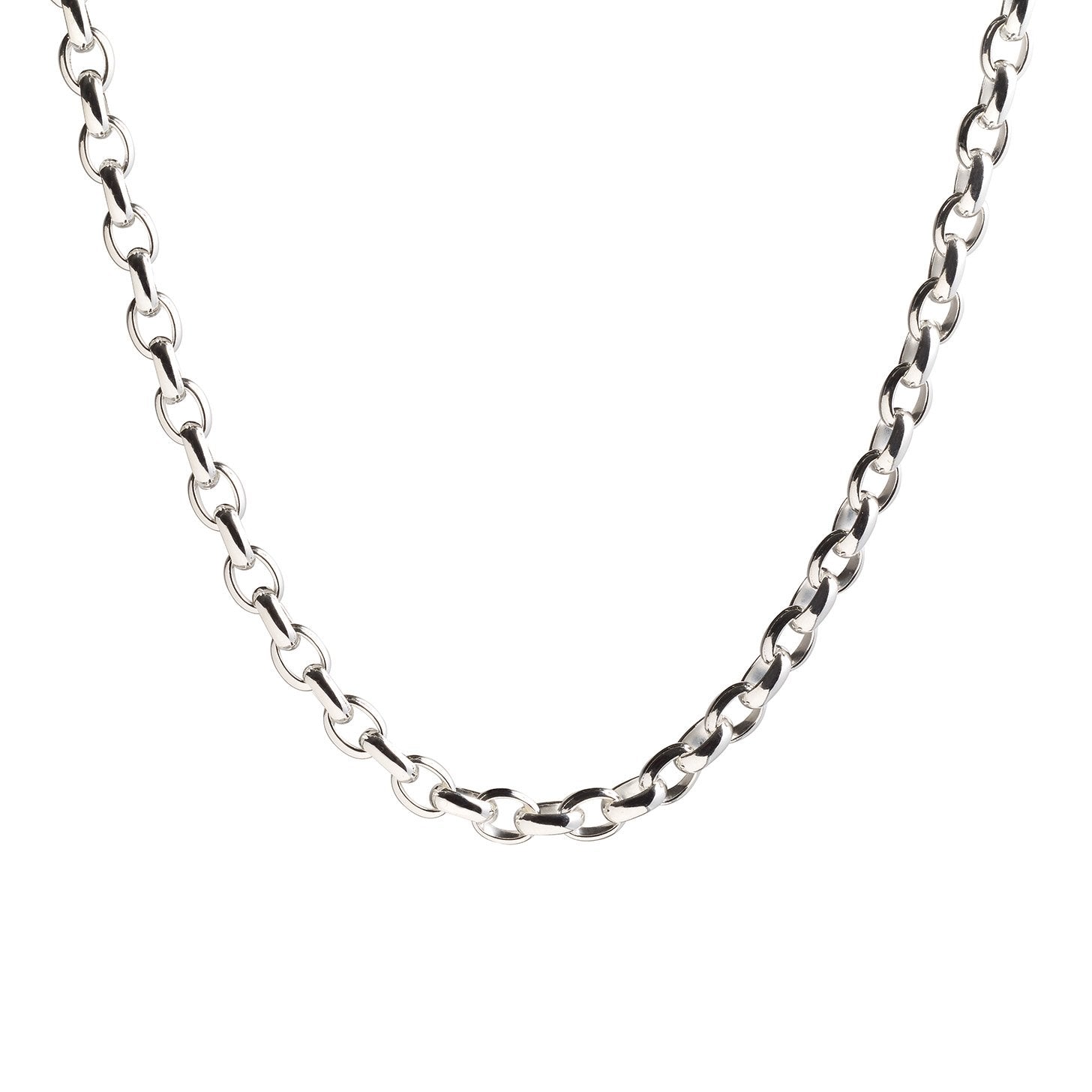 A silver 5mm rolo chain necklace with a clasp, displayed against a white background. Available at Be Charmed