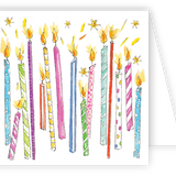 Colorful birthday candles on a white enclosure card with a white envelope. Available at Be Charmed