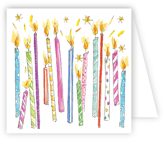 Colorful birthday candles on a white enclosure card with a white envelope. Available at Be Charmed