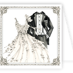 Illustration of a formal gown and tuxedo with decorative elements on a card. Available at Be Charmed