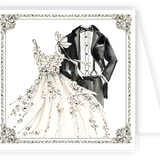 Illustration of a formal gown and tuxedo with decorative elements on a card. Available at Be Charmed