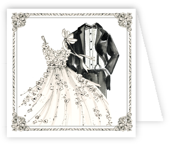 Illustration of a formal gown and tuxedo with decorative elements on a card. Available at Be Charmed