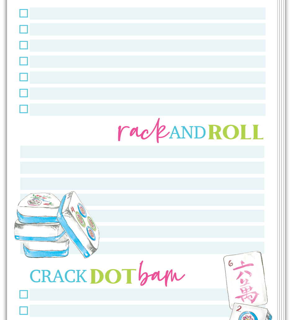 Notepad with colorful text and graphics related to Mahjong on a light blue background. Available at Be Charmed