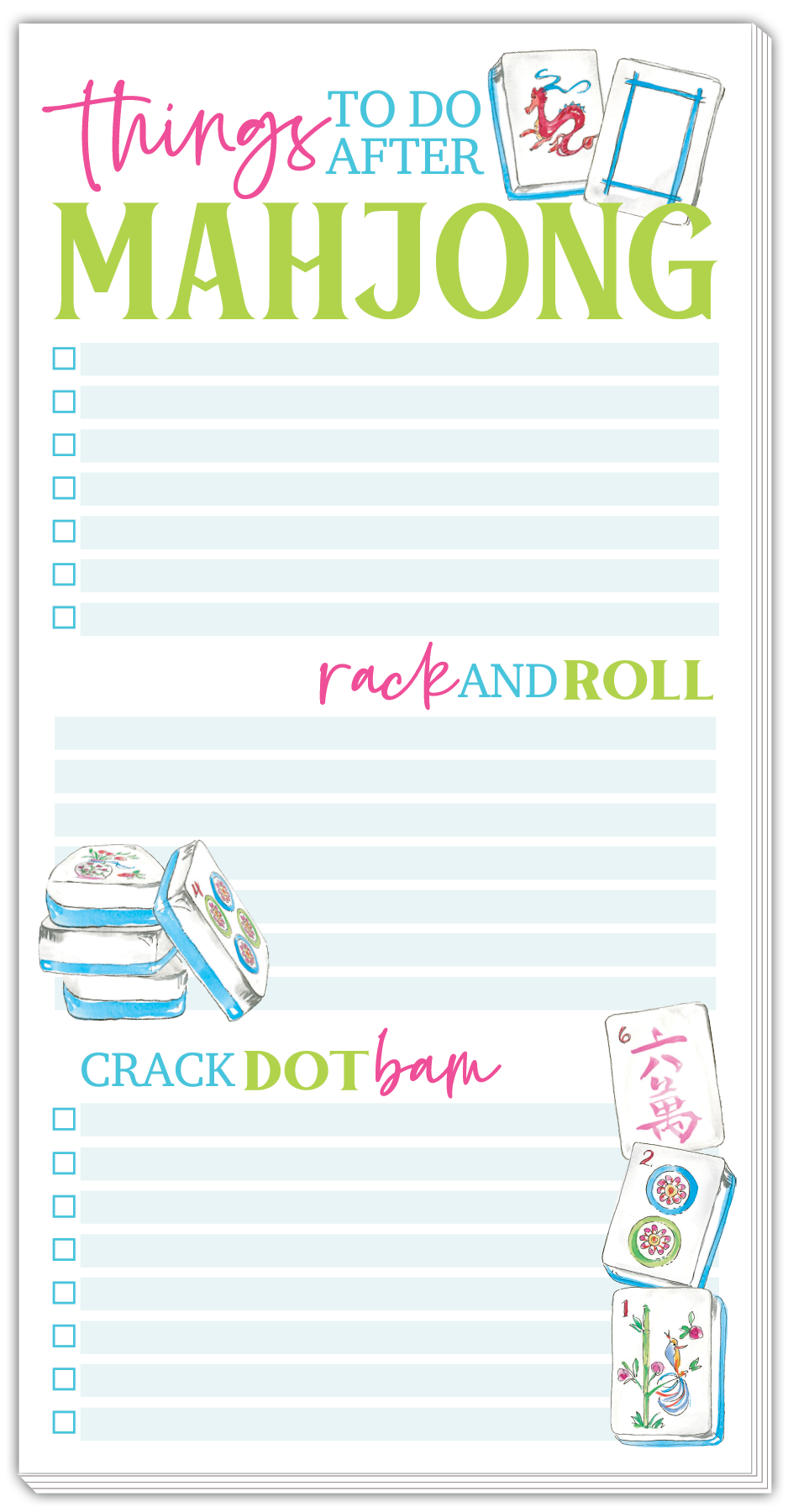 Notepad with colorful text and graphics related to Mahjong on a light blue background. Available at Be Charmed
