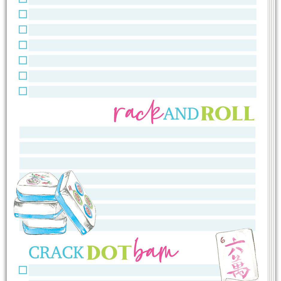 Notepad with colorful text and graphics related to Mahjong on a light blue background. Available at Be Charmed