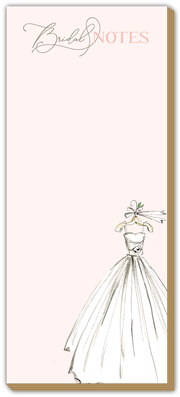 Notepad with a wedding dress illustration and 'Bridal Notes' text on a light pink background Available at Be Charmed