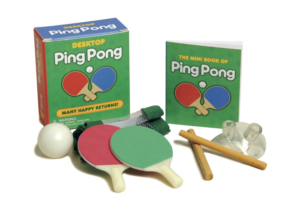 Running Press Desktop Ping Pong mini kit featuring a miniature net, tiny paddles, and a ball available at Be Charmed