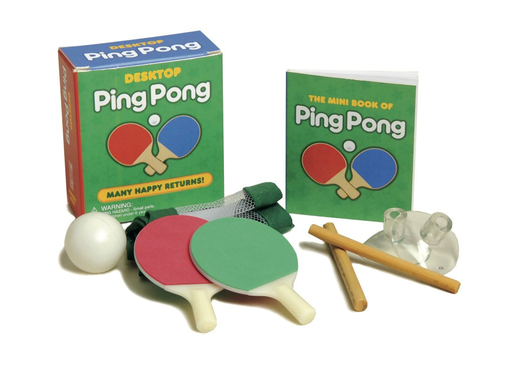 Running Press Desktop Ping Pong mini kit featuring a miniature net, tiny paddles, and a ball available at Be Charmed