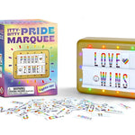 Pride-themed light-up marquee with packaging and letters on a white background. Available at Be Charmed